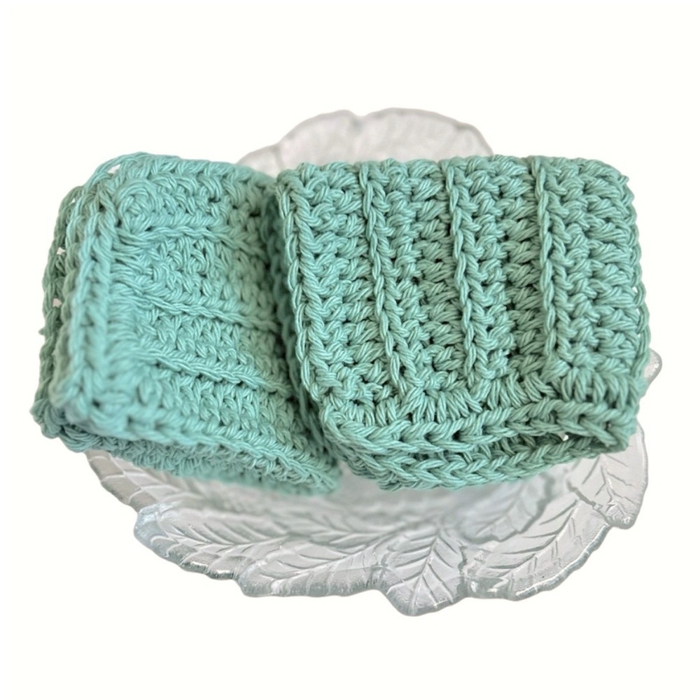 Hand Crafted Jade Green Dish Cloths Crocheted Cotton Colorful Wash Cloths